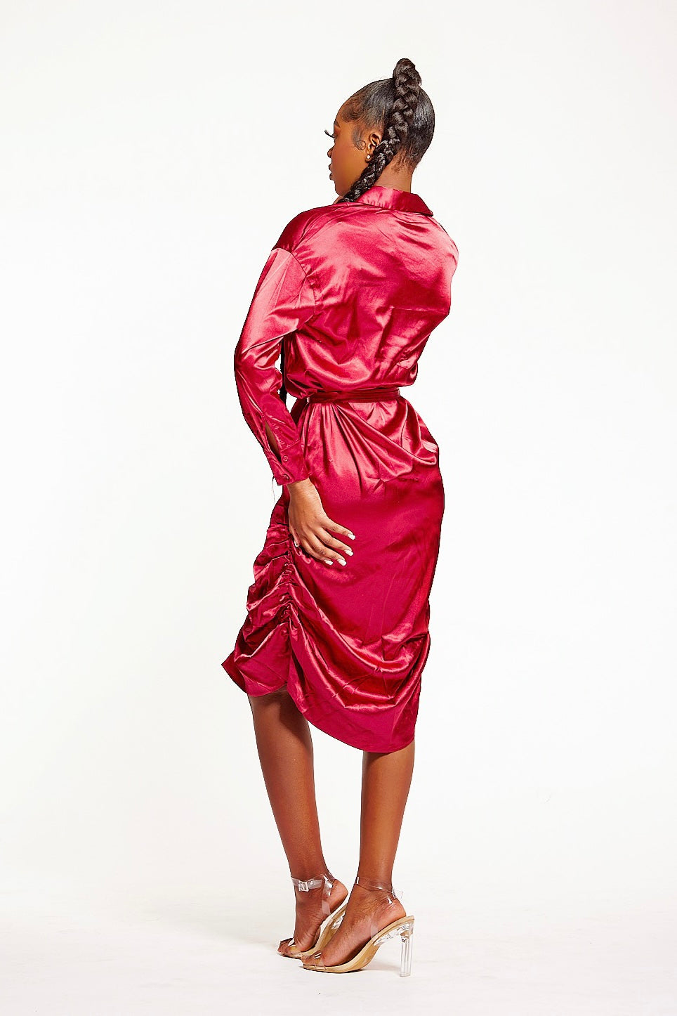 Must Be Love Burgandy Ruched Midi Dress