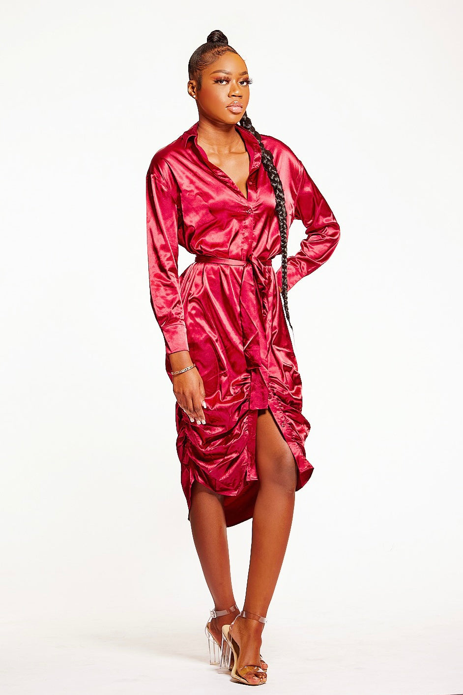 Must Be Love Burgandy Ruched Midi Dress